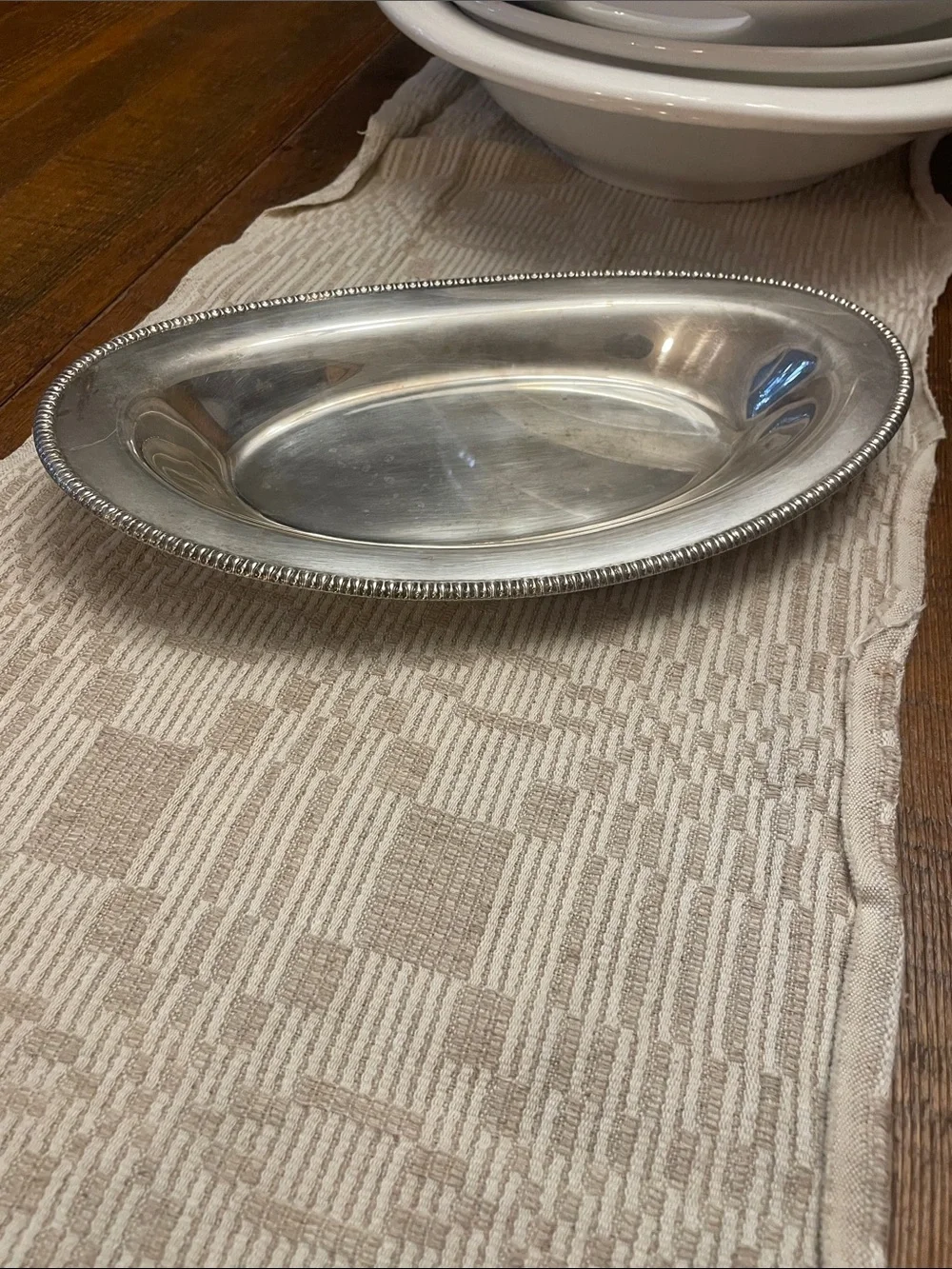 Vintage Silver-Tone Beaded Edge Serving Dish - Home Dining